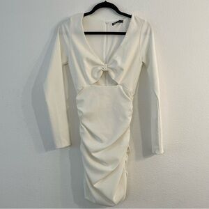 Zara Long Sleeve Cut Out White Mini Dress Ruched Size Small New with tags.